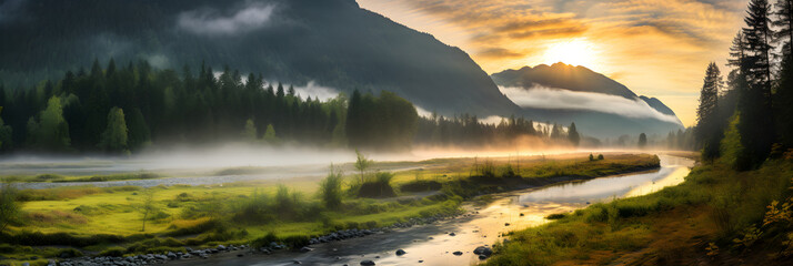 Magical Mornings: A Quaint River Winding through a Misty Mountainous Landscape at Dawn - obrazy, fototapety, plakaty