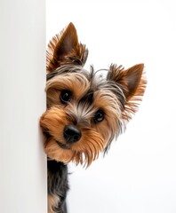 Yorkshire terrier peeking from behind the corner, curious