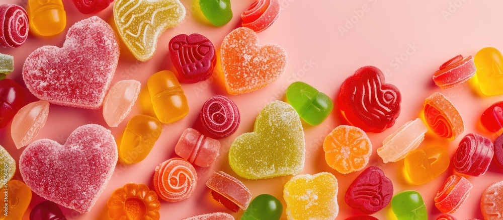 Poster a close-up photo of a colorful assortment of gummy bears neatly lined up next to each other on a hea