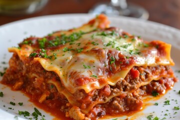 Baked lasagna with layers of meat sauce and melted cheese, garnished with herbs on top.