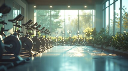 Row of modern stationary bikes bathed in warm light in a fitness center inviting an active lifestyle