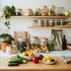 Busy Kitchen Scene with Fruit, Bottles, and Jars on Countertop & Shelves