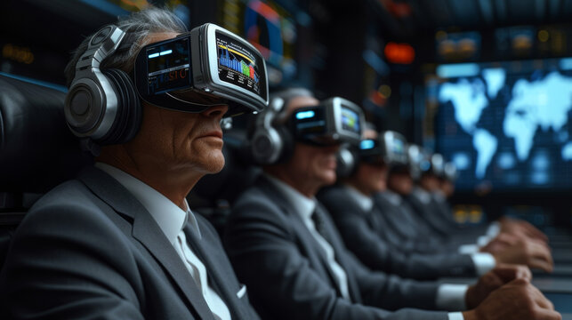 A virtual reality representation of a boardroom meeting where exeives are discussing potential financial risks and crisis scenarios. Each exeive is wearing a virtual reality