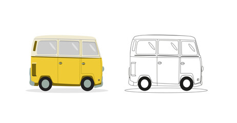 Yellow car in cartoon style. Coloring book model for kids. Funny bus for coloring with example. Concept of modern transportation. Automobile transport line art. Vector flat illustration