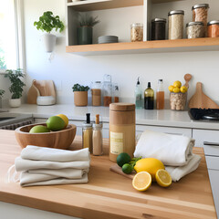 Well-organized kitchen with fruits, bottles, and utensils