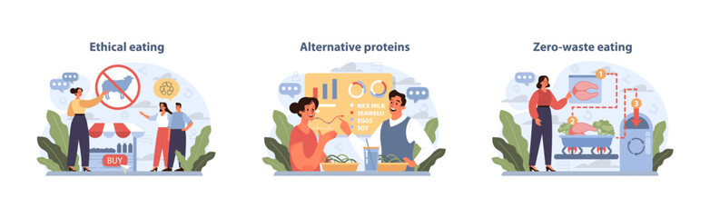Dietary Trends Vector Collection. Advocating ethical eating, exploring alternative proteins.