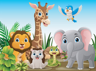 Fototapeta premium Cute wild animals cartoon in the jungle