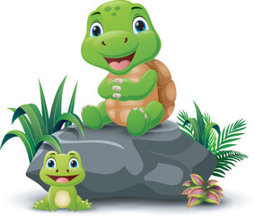 Cute turtle cartoon sitting on the stone