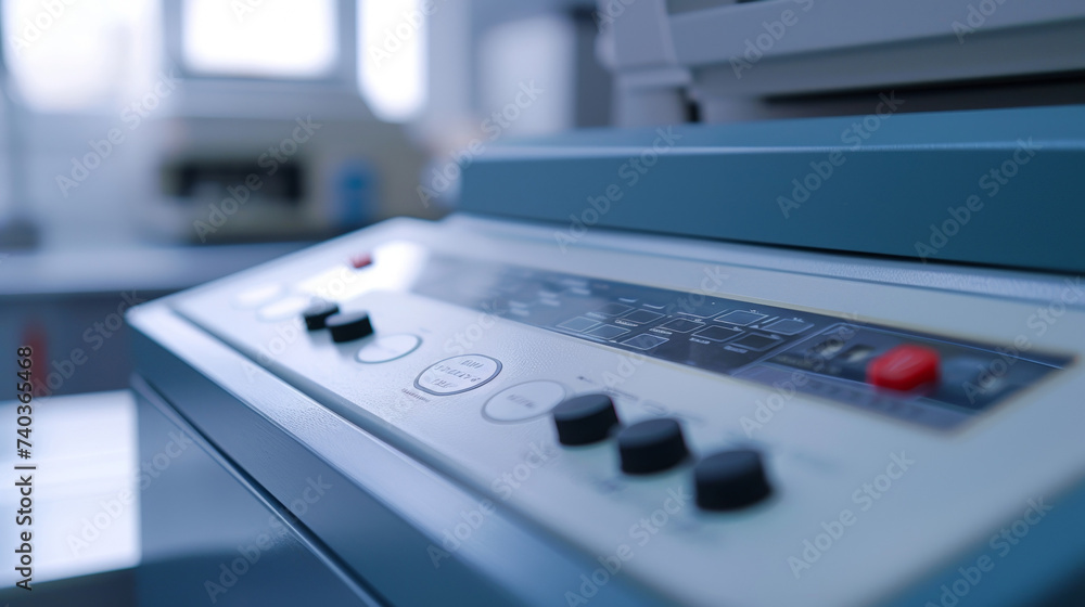 Poster the plastic control panel with clearly labeled buttons and digital display for precise settings.