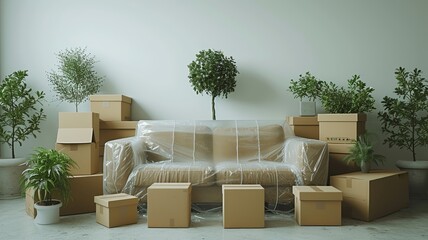 New beginning depicted with a moving scene of a couch and packed boxes - obrazy, fototapety, plakaty