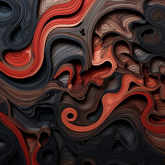 An abstract illustration of wood with red, in the style of dark gray and dark black, colorful woodcarvings, curvilinear, layers and lines, meticulous design, 1:1.
