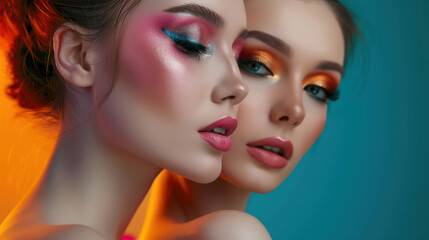 Obraz premium Beauty in Pink: A Close-Up Portrait of a Young Woman with Perfect Makeup and Bright Pink Lips