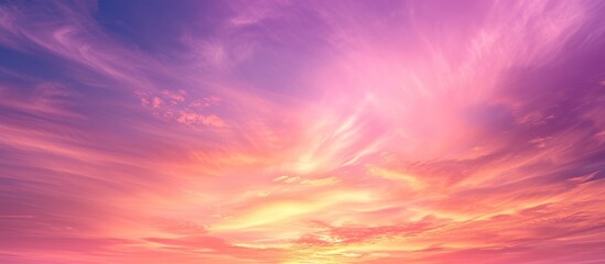 The sky was filled with purple, orange, and pink clouds creating a stunning afterglow during the sunset, resembling a painting with shades of amber and violet - obrazy, fototapety, plakaty