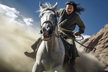 Tatar Mongols: nomadic warriors and conquerors, cultural legacy, military prowess, Eurasian steppes strength, traditional attire, resilience and the spirit of the historic nomadic lifestyle.