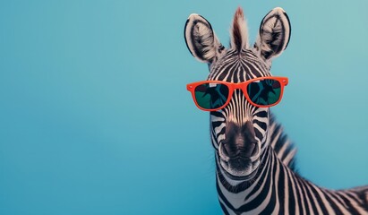 Cooles Zebra mit Sonnenbrille auf blau orangenem Hintergrund - obrazy, fototapety, plakaty
