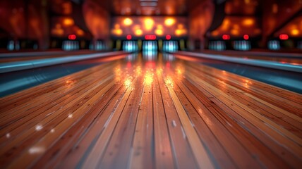 Bowling lane view highlighting the polished wooden floor and pins at the end under warm lights - obrazy, fototapety, plakaty
