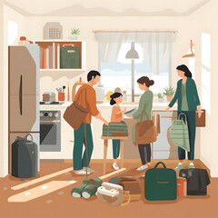"Cozy Family Kitchen Gathering with Suitcases, Bags, and Clothes Scattered Around"