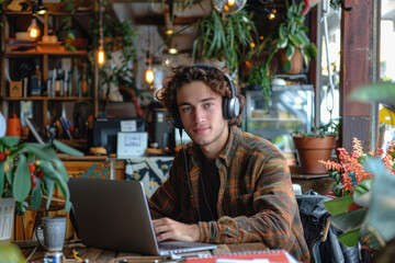 Young man wearing wireless headphones using laptop in cafe. Freelance working concept.