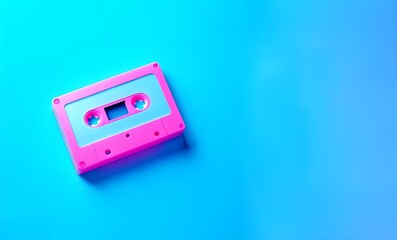 Fototapeta premium Retro pink audio cassette on blue background.Styled 80-90 music.