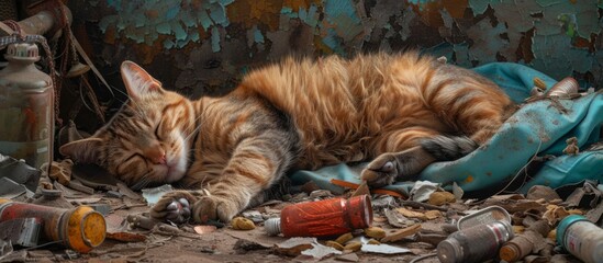 Lazy cat napping peacefully on a mountain of rubbish in an urban alleyway