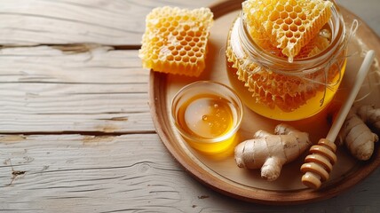 Golden honey in glass jar with honeycomb and dipper on rustic wooden table - obrazy, fototapety, plakaty