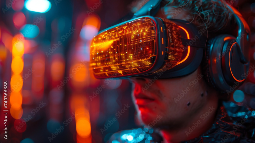 Poster an image of a virtual reality headset is depicted with a person wearing it and immersed in a futuris