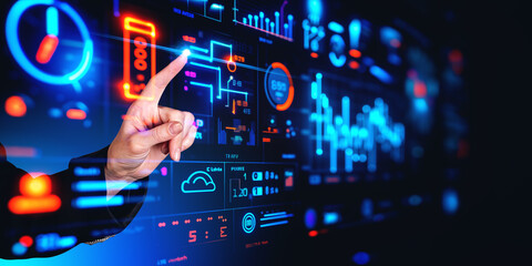 Woman finger touch futuristic business data hud. Ai generative illustration