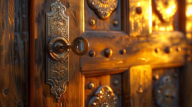 Elegant wooden door with ornate metal hardware adding vintage charm to interiors