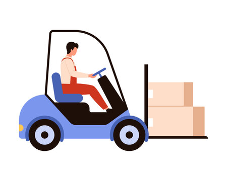Warehouse worker carrying cardboard boxes on forklift vector illustration