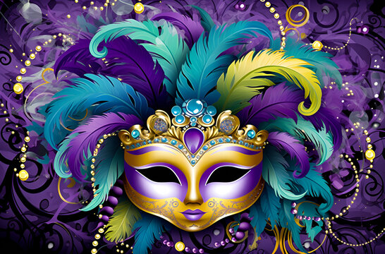 Vivid Mardi Gras background featuring masks, streamers, and lively colors.