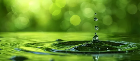 Foto op Canvas A drop of liquid water falls into a green pond, adding moisture to the aquatic plants and grass in the natural landscape © TheWaterMeloonProjec