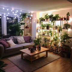 Lively Living Room Oasis: Plants, Books & Comfort.
