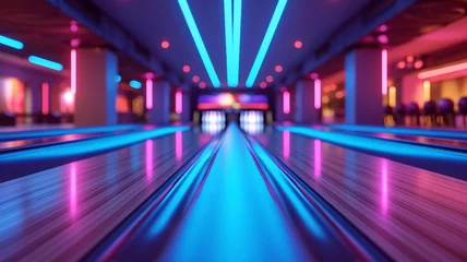 Fotobehang Vibrant neon lights of a bowling alley creating an electrifying atmosphere for the game © nur
