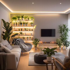 "Lively and Cozy Living Room with Plants and Entertainment Zone"