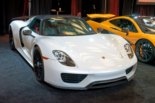 TORONTO-FEBRUARY 15, 2024: 2015 Porsche 918 Spyder, 4.6L V8 Hybrid Engine, 808 combine horsepower, top speed 346km/h, at the 2024 Canadian International Auto Show in Toronto.