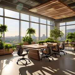 Modern Office Space with Greenery, Natural Light, and Dining Area
