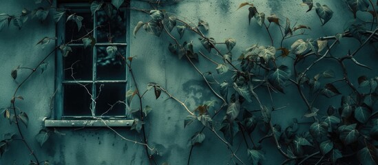 A green building covered in bitter vines crawling along its walls. - obrazy, fototapety, plakaty