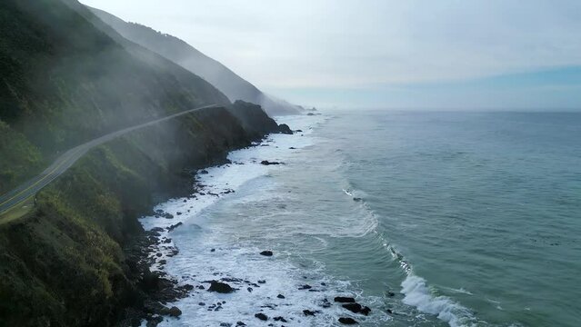 Drone video of California's rugged Pacific Ocean coast near Big Sur.