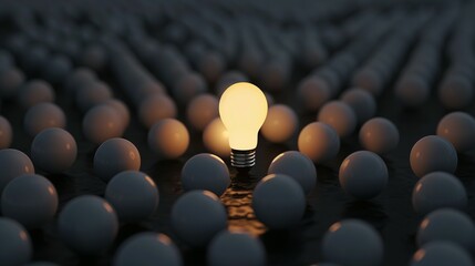 One of Lightbulb glowing among shutdown light bulb in dark area with copy space for creative thinking , problem solving solution and outstanding concept by 3d rendering technique