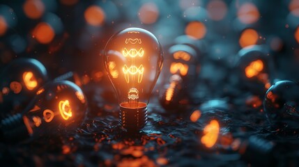 One of Lightbulb glowing among shutdown light bulb in dark area with copy space for creative thinking , problem solving solution and outstanding concept by 3d rendering technique - obrazy, fototapety, plakaty