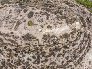 Aerial view of Rio castle medieval ruin with Arab origin near Aspe Spain with dramatic sunset sky