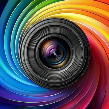 AI generated photo front view of a camera lens, with many colors around it