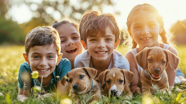 Children with puppies