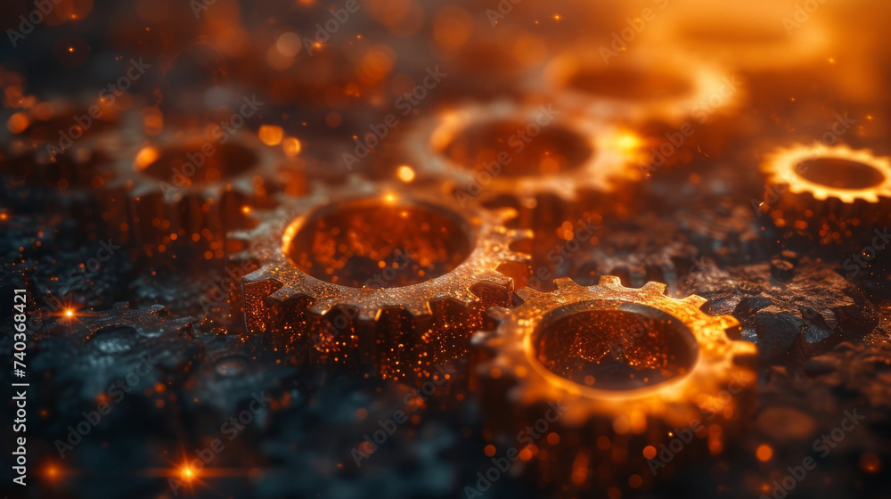 Poster a series of gears and cogs are depicted symbolizing the inner workings of an economy. some gears are