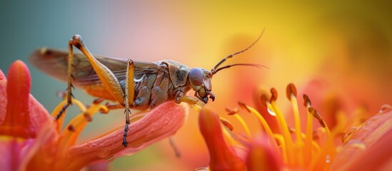 Macro close up of a vibrant green grasshopper perched on a delicate pink flower petal in nature