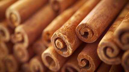 Obraz na płótnie Canvas Close-up of cinnamon sticks arranged in a beautiful pattern evoking warm spicy aroma