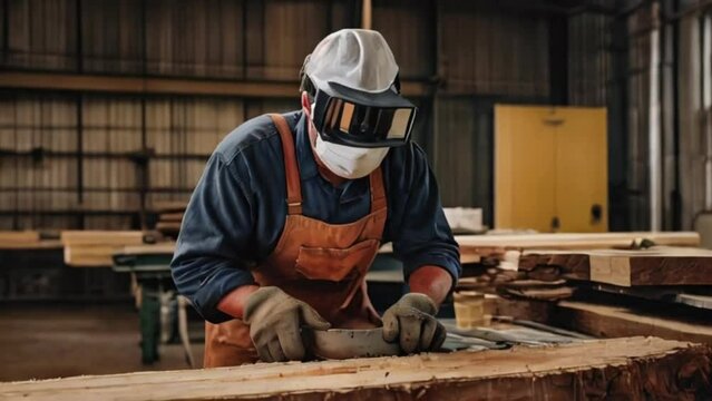 A sawmill worker wearing mask an d eyes covered  with working on wood products with machine in a factory generative ai