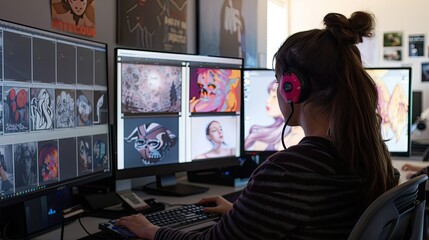 Female Designer Working On Multiple Computer - obrazy, fototapety, plakaty