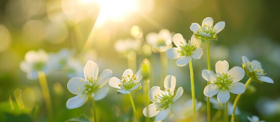 A meadow of herbaceous plants filled with white flowers, their petals glowing in the sunshine, creating a natural landscape that delights people in nature