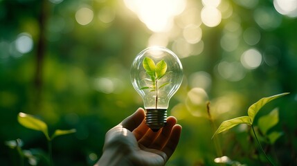 Sustainable Future: Hand Holding Light Bulb against Nature, Green Energy and Renewable Sources